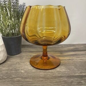 Vintage Amber Murano Style Art Glass Pedestal Bowl Scalloped Rim Italy